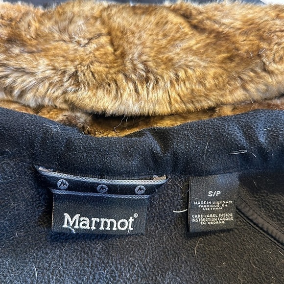 Marmot black tan brown faux furlong hoodie jacket w zipper front and pockets - Picture 7 of 12
